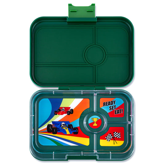 Preorder - Yumbox - Leakproof Yumbox Tapas Greenwich Green - 4 Compartment - Race Cars - Largest Bento