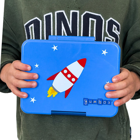 Preorder - Yumbox - Snack Size Bento Lunch Box - True Blue (Rocket art on Tray and Lid)
